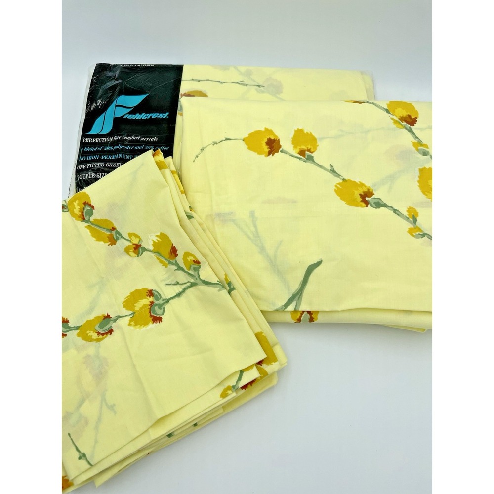 Fieldcrest Double Sheet Set Fitted Flat Pillow cases 1970s  Retro Floral Vintage